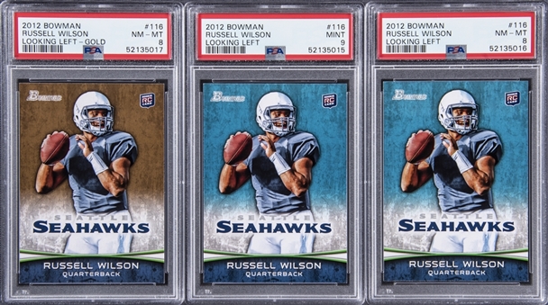 2012 Bowman #116 Russell Wilson Rookie Card Trio Including Gold Parallel - PSA NM-MT 8, 8, & PSA MINT 9